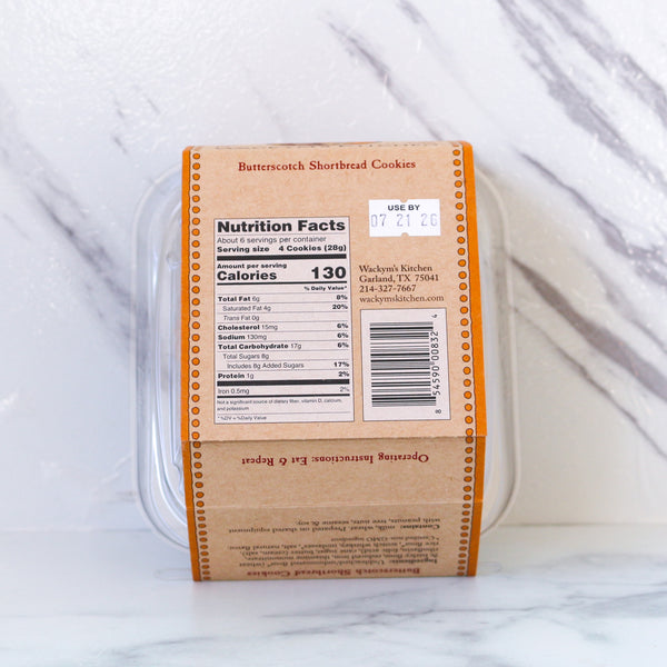 Butterscotch shortbread cookies packaging with nutrition facts label on a white background