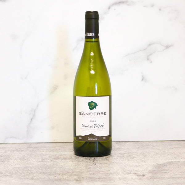 Domaine Bizet Sancerre Blanc  wine bottle on a marble surface, available at TASTE.online and at TASTE stores across Virginia