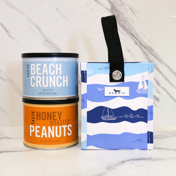 TASTE Beach Crunch and Virginia Honey Roasted Peanuts with the scout bag, the Lil Skipper Gift