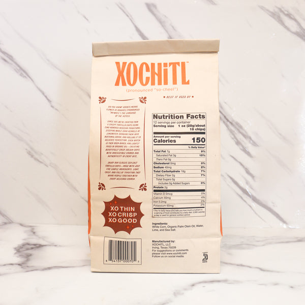 Xochitl chocolate bar packaging on a marble surface