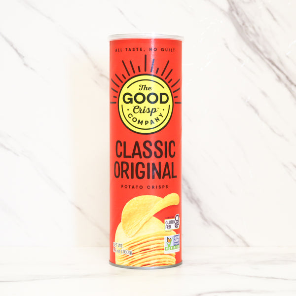 Can of 'The Good Crisp Company' Classic Original potato crisps on a white background