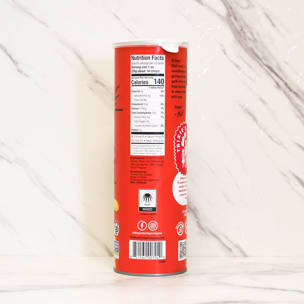 Red can with nutritional information on a white marble background