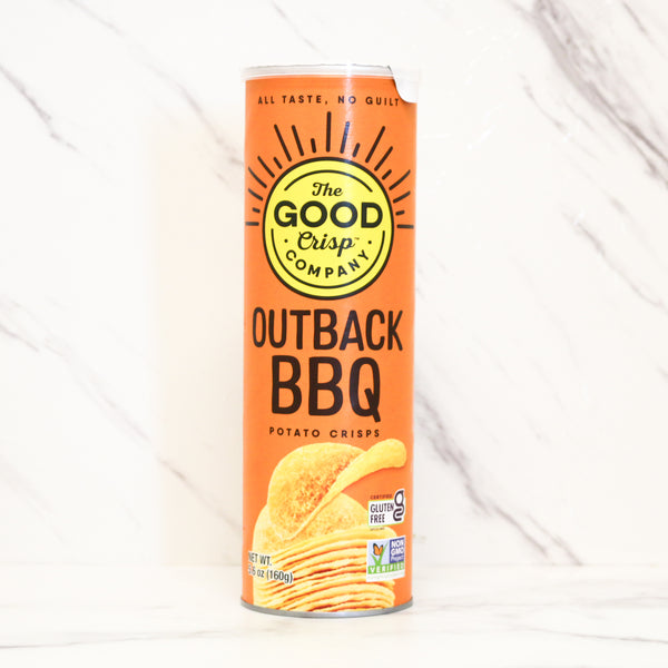 Can of The Good Crisp Company Outback BBQ potato crisps on a white background