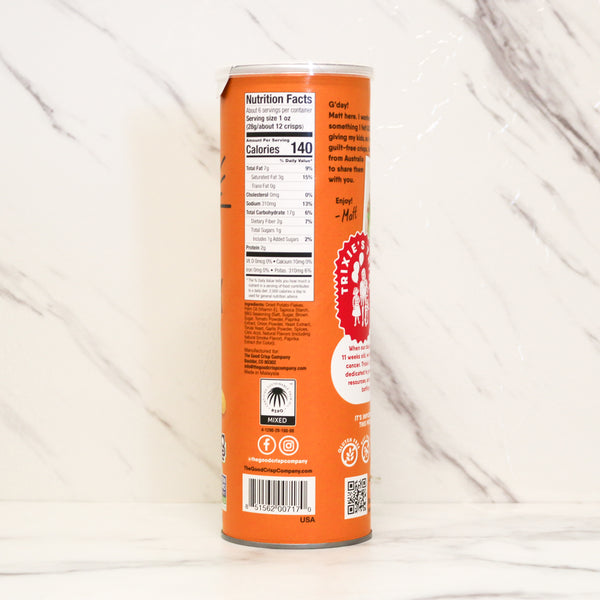 Orange can with nutritional information on a white background