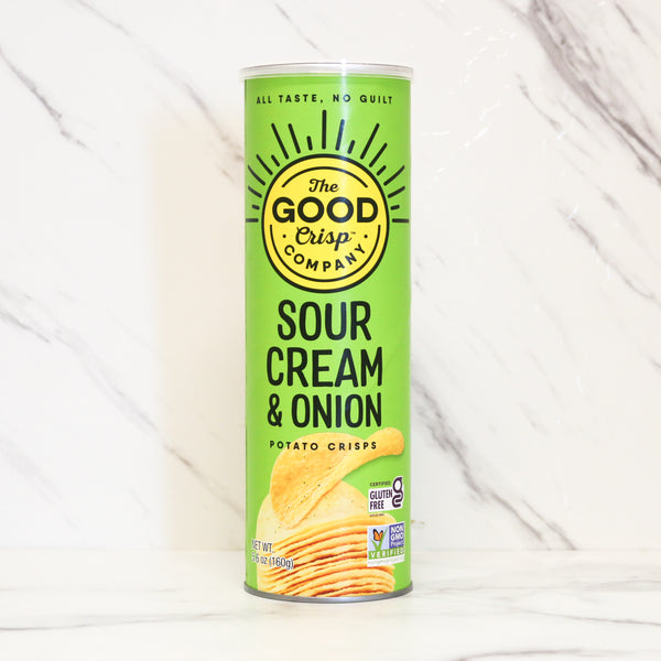 Green can of 'The Good Crisp Company' Sour Cream & Onion potato crisps on a white background