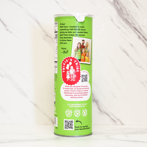 Green canister with branding and text on a white background