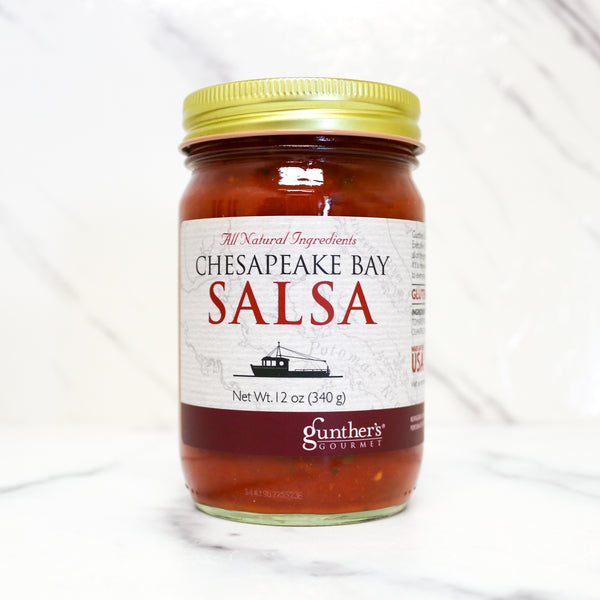 Jar of Chesapeake Bay Salsa with a white label on a white background