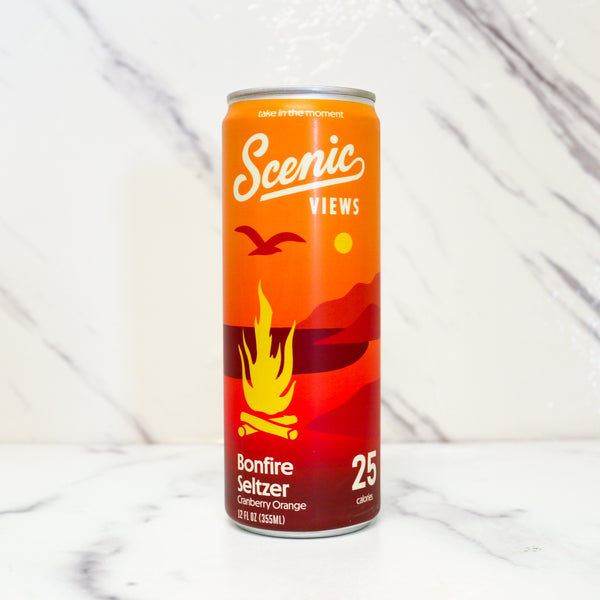 Scenic Views Bonfire Seltzer can on a white background