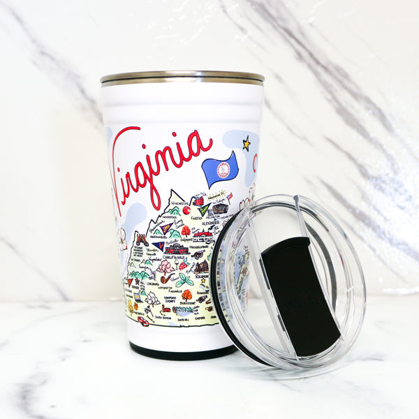 Tumbler with 'Virginia' text and illustrations on a white background