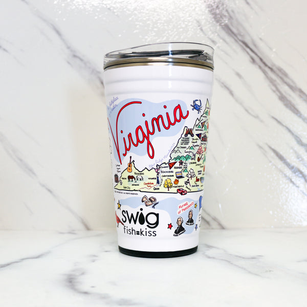 Tumbler with 'Virginia' design and 'swig fishakiss' branding on a marble surface.