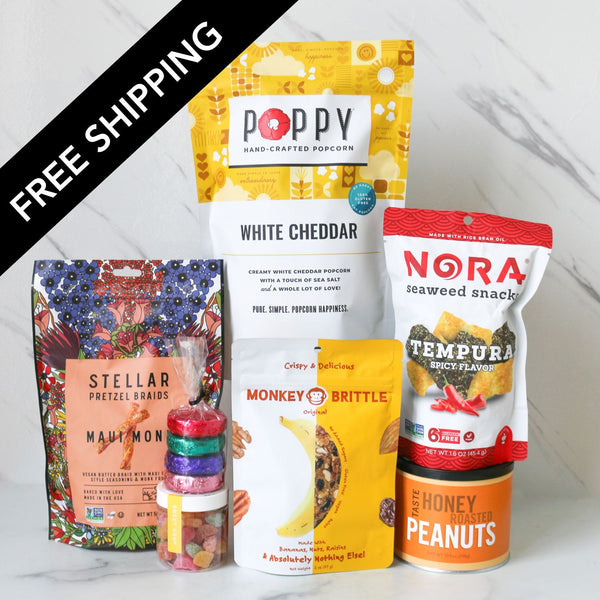 Assorted snack packages including Poppy, Nora, Stellar, and Monkey Brittle on a white background with 'Free Shipping' text.