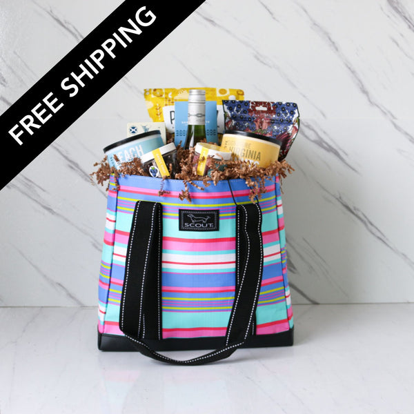 Striped tote bag filled with snacks and drinks on a white background with 'Free Shipping' text.