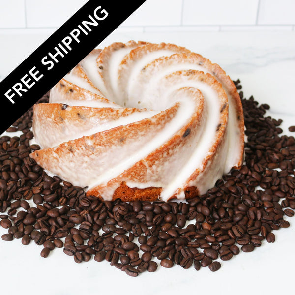 Swirl cake with coffee beans and free shipping text on a white background