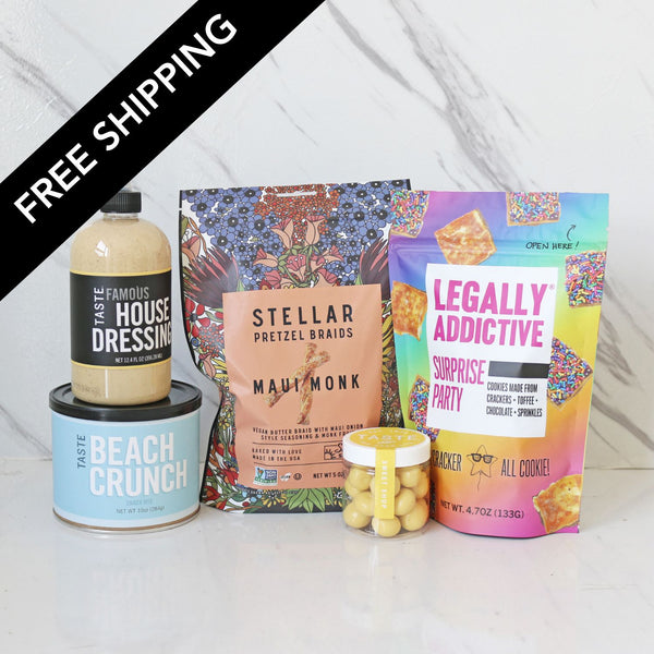 Assorted snacks and products on a white surface with 'Free Shipping' text overlay.