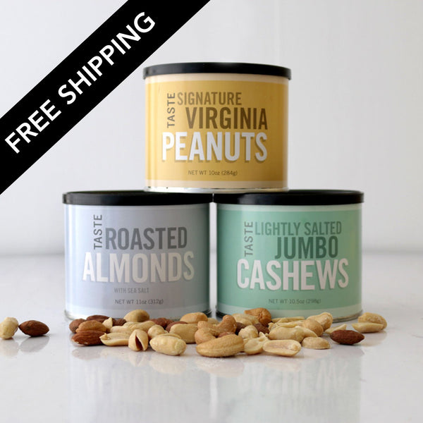 Three cans of Taste Signature Virginia Peanuts, Roasted Almonds, and Lightly Salted Jumbo Cashews with free shipping text.