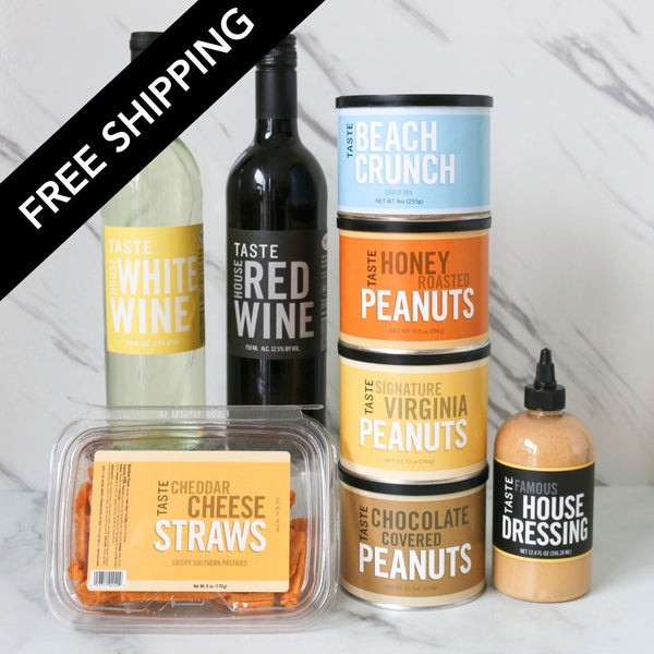 Assorted food products including wine, peanuts, cheese straws, and dressing on a white background with 'Free Shipping' text.