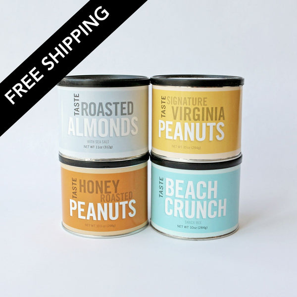 Four cans of roasted nuts with different flavors on a white background