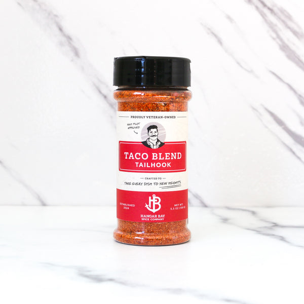 Tailhook Taco blend seasoning jar with a red label on a white background