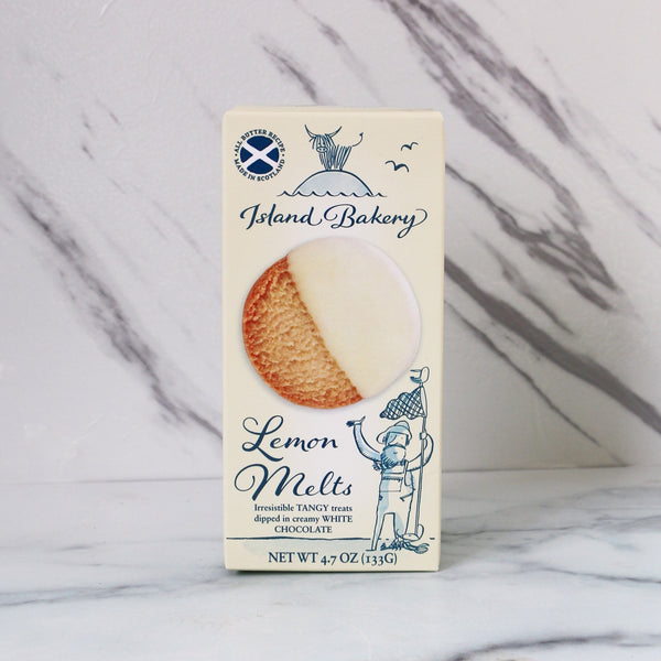 Box of Island Bakery Lemon Melts on a marble background