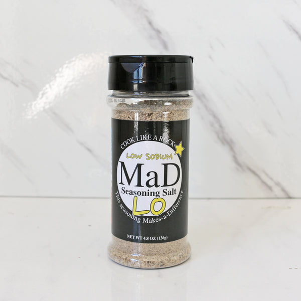 a spice jar of MaD Seasoning salt LO (low  sodium)