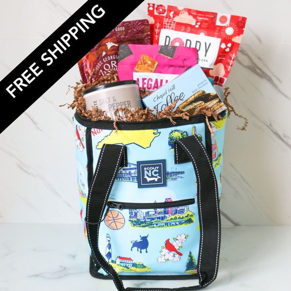 Colorful gift bag with snacks and free shipping text