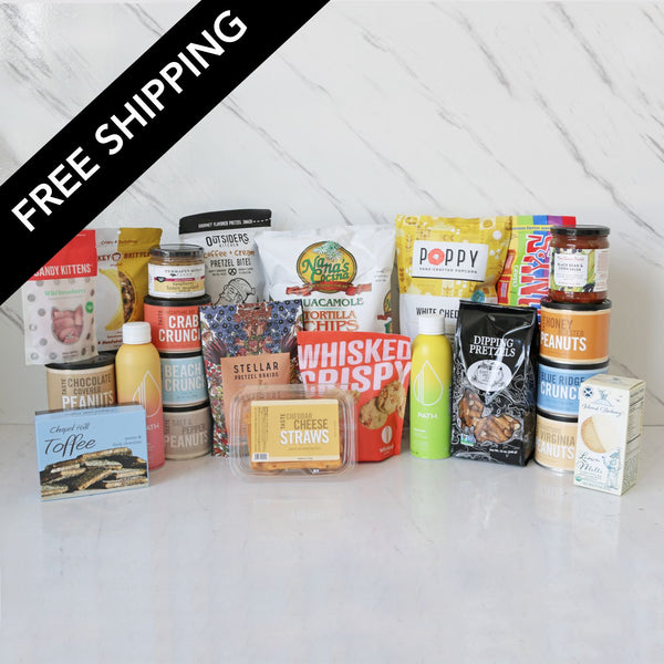 Assorted snack packages on a white surface with 'Free Shipping' text overlay.