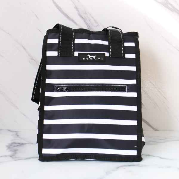 Scout large, insulated Black and white striped tote bag on a marble surface