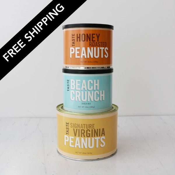 Three cans of peanuts with different flavors stacked on a white surface, with 'Free Shipping' text overlay.
