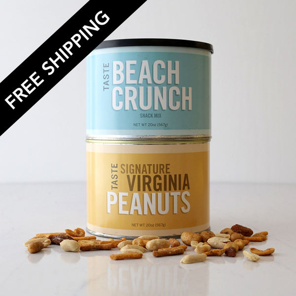 Canister of 'Beach Crunch' snack mix with peanuts on a white background