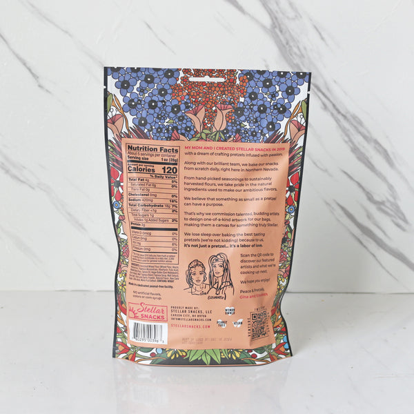 Back view of a Stellar Braids Maui Monk package with colorful design and nutrition label on a white background