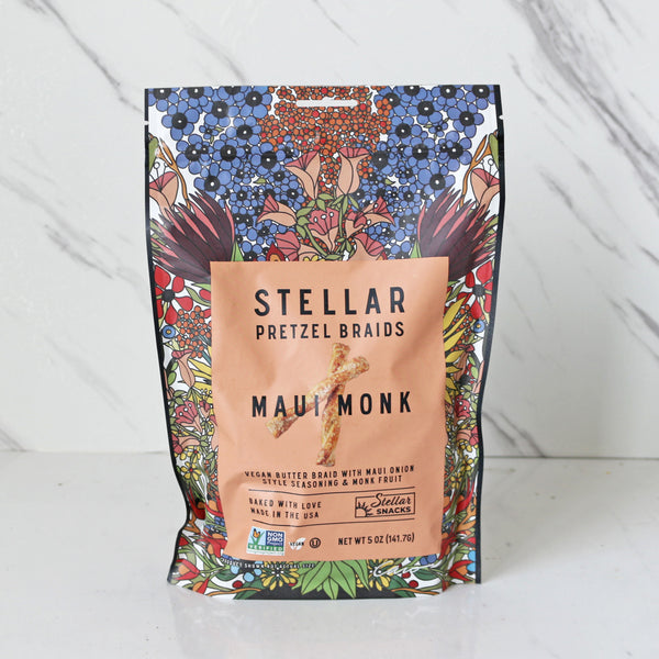 Stellar Pretzel Braids Maui Monk packaging with floral design on a white background