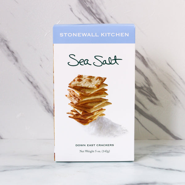SWK Stonewall Kitchen brand "down east" sea salt crackers.  Shown on a marble surface, all pantry items are available as TASTE Gifts