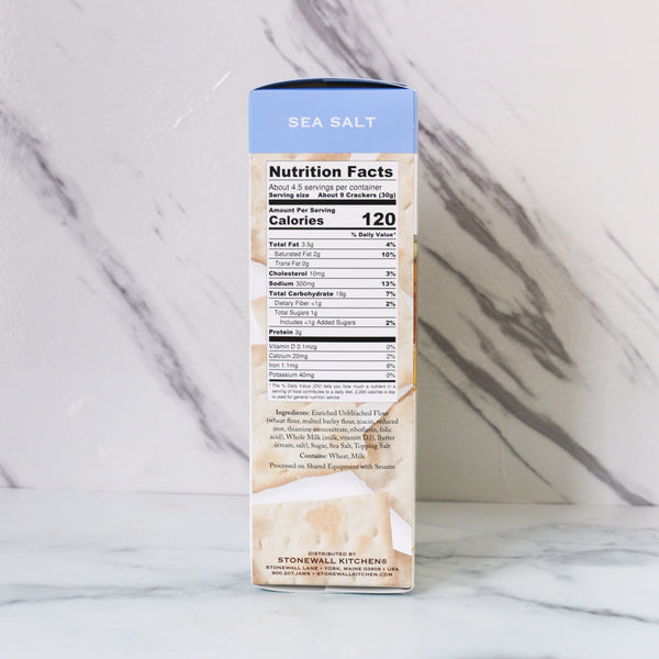 SWK Sea Salt Down East Crackers Box with nutrition facts label on a marble background