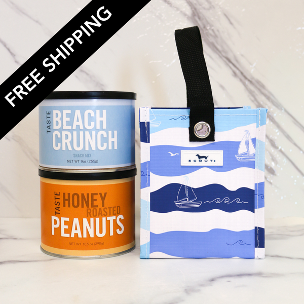 TASTE Beach Crunch and Virginia Honey Roasted Peanuts with the scout bag, the Lil Skipper Gift