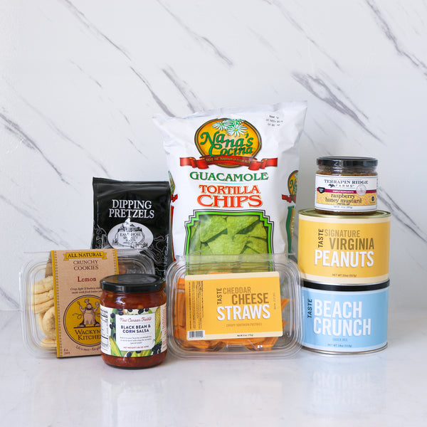 Assorted snack items including tortilla chips, pretzels, and cheese straws on a white background