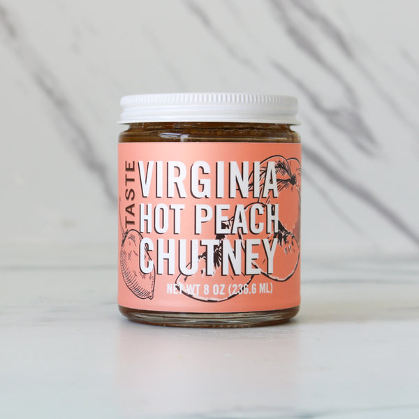 Jar of Virginia Hot Peach Chutney on a white background