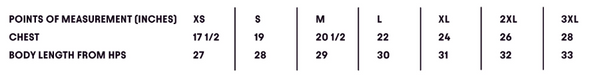 Measurement chart for chest size and body length from hips in inches.