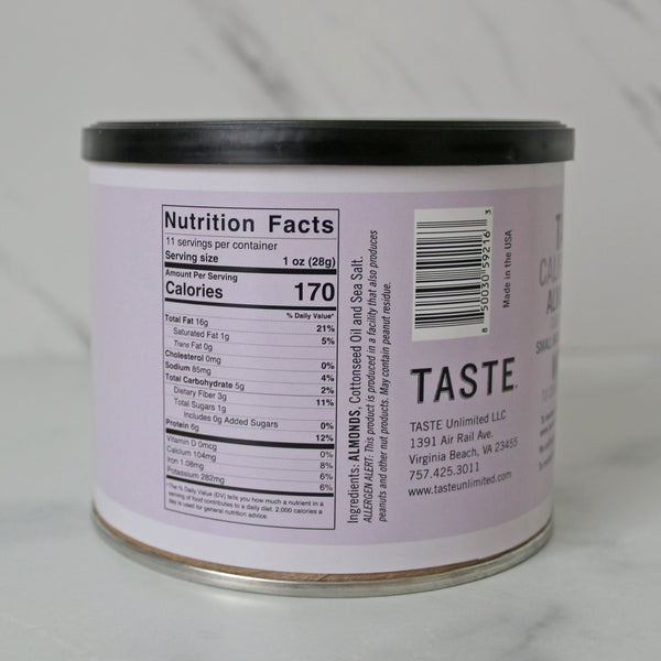 Nutrition facts on the back of TASTE Almonds