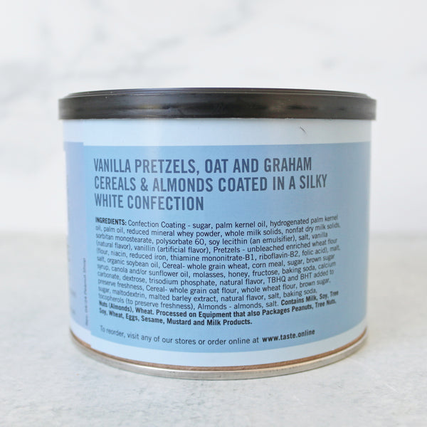 A can of TASTE Blue Ridge Crunch sweet salty snack mix, showing ingredients 
