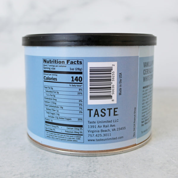 A can of TASTE Blue Ridge Crunch sweet salty snack mix, showing nutrition facts