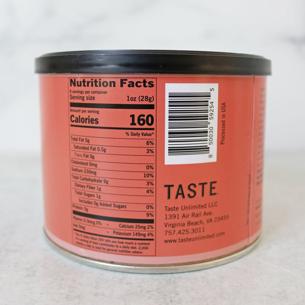 A can of TASTE Crab Crunch snack mix showing nutrition facts