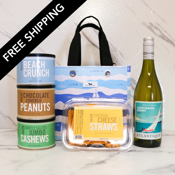 TASTE's Sail into Summer Gift in a blue Scout bag with Wine and Snacks showing Free shipping like all taste signature gifts