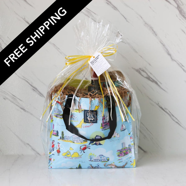 Gift bag with a colorful design on a marble surface, featuring free shipping text.