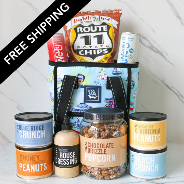 Snack basket with various snacks and a free shipping label on a white background