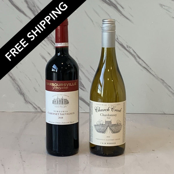 Two wine bottles, one red and one white, on a marble surface with 'Free Shipping' text overlay.