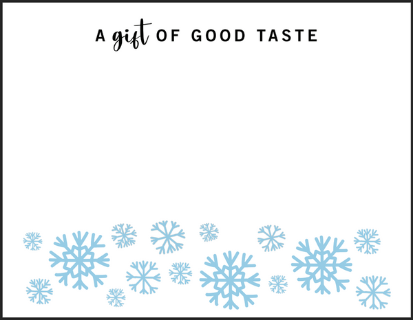 TASTE Gifted personalized note with blue snowflakes and 'A gift of good taste' text on a white background