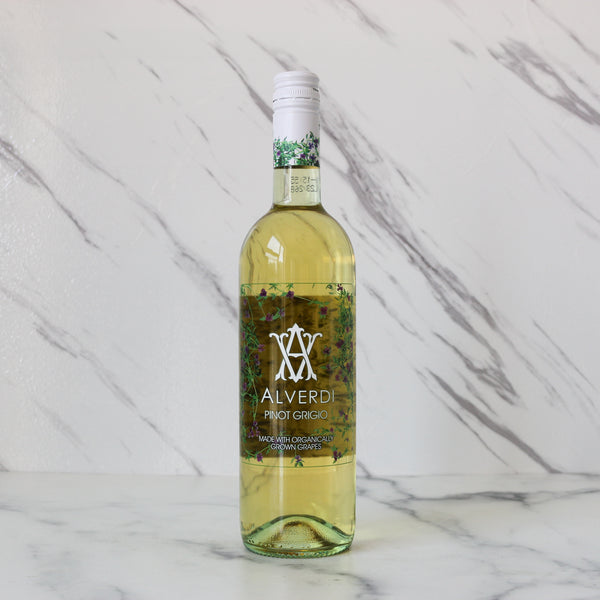 Bottle of Alverdi Pinot Grigio wine on a marble background