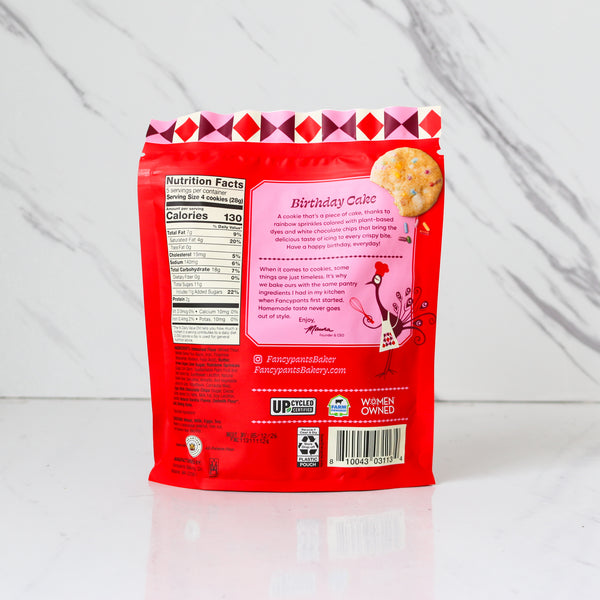 Red package of 'Birthday Cake' flavored cookies with a white background
