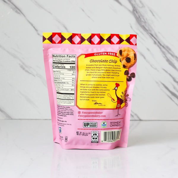 Pink bag of chocolate chip cookies with a colorful label on a white background