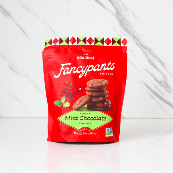 Red package of Fancypants Crispy Mint Chocolate Cookies on a white background